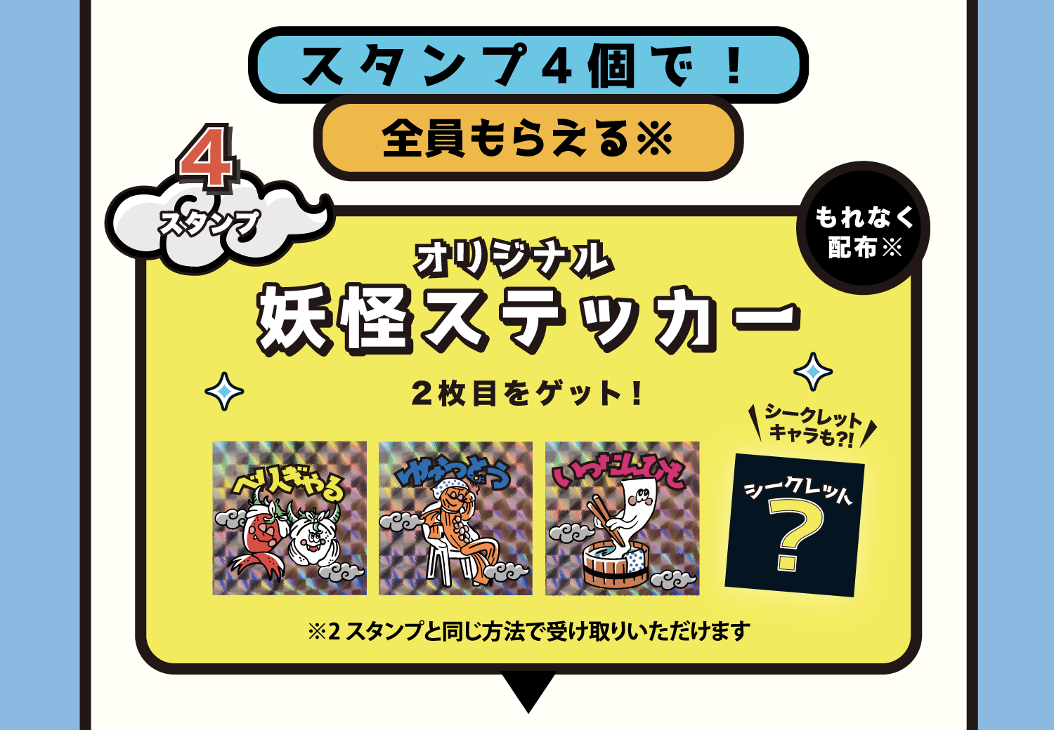 景品 スタンプ4個で全員もらえる オリジナル妖怪ステッカー2枚目 ※2スタンプと同じ方法で受け取りいただけます