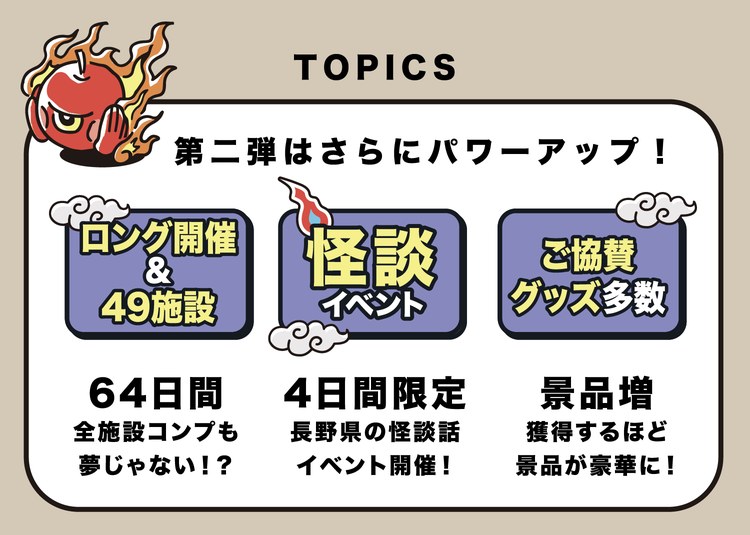 TOPICS 第二弾はさらにパワーアップ！ロング開催＆49施設＝64日間、全施設コンプも夢じゃない！？怪談イベント＝4日間限定、長野県の怪談話イベント開催！ご協賛グッズ多数＝景品増、獲得するほど景品が豪華に！