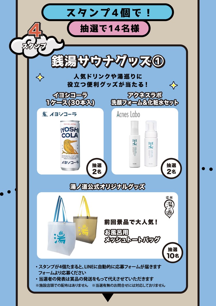 スタンプ4個で！抽選で14名様。銭湯サウナグッズ①。人気ドリンクや湯巡りに役立つ便利グッズが当たる！イヨシコーラ 1ケース（30本入）抽選2名、アクネスラボ 洗顔フォーム＆化粧水セット 抽選2名、湯ノ道公式オリジナルグッズ お風呂用メッシュトートバッグ 抽選10名。