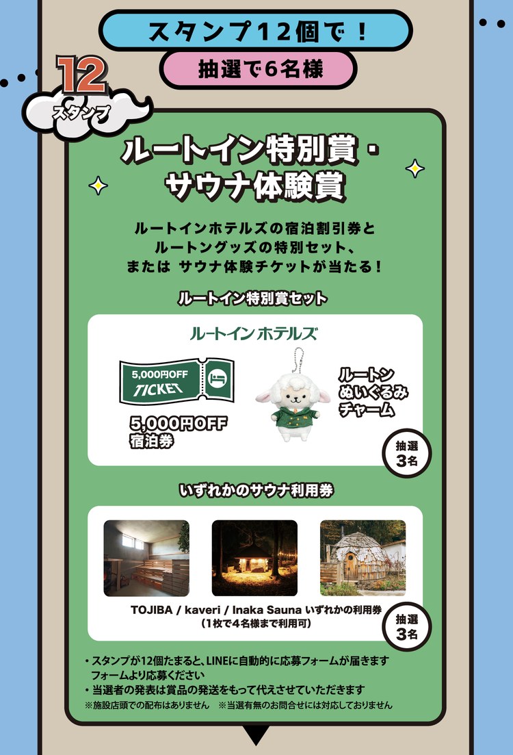 スタンプ12個で！抽選で6名様。ルートイン特別賞・サウナ体験賞。ルートインホテルズの宿泊割引券とルートングッズの特別セット、またはサウナ体験チケットが当たる！ルートイン特別賞セット（5,000円OFF宿泊券・ルートンぬいぐるみチャーム）抽選3名、TOJIBA／Kaveri／Inaka Sauna いずれかのサウナ利用券（1枚で4名様まで利用可）抽選3名。